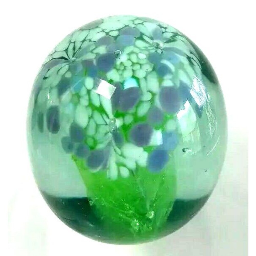 Vtg Kerry Glass Paperweight Guaranteed Irish Green White Lilac Flowers Swirls